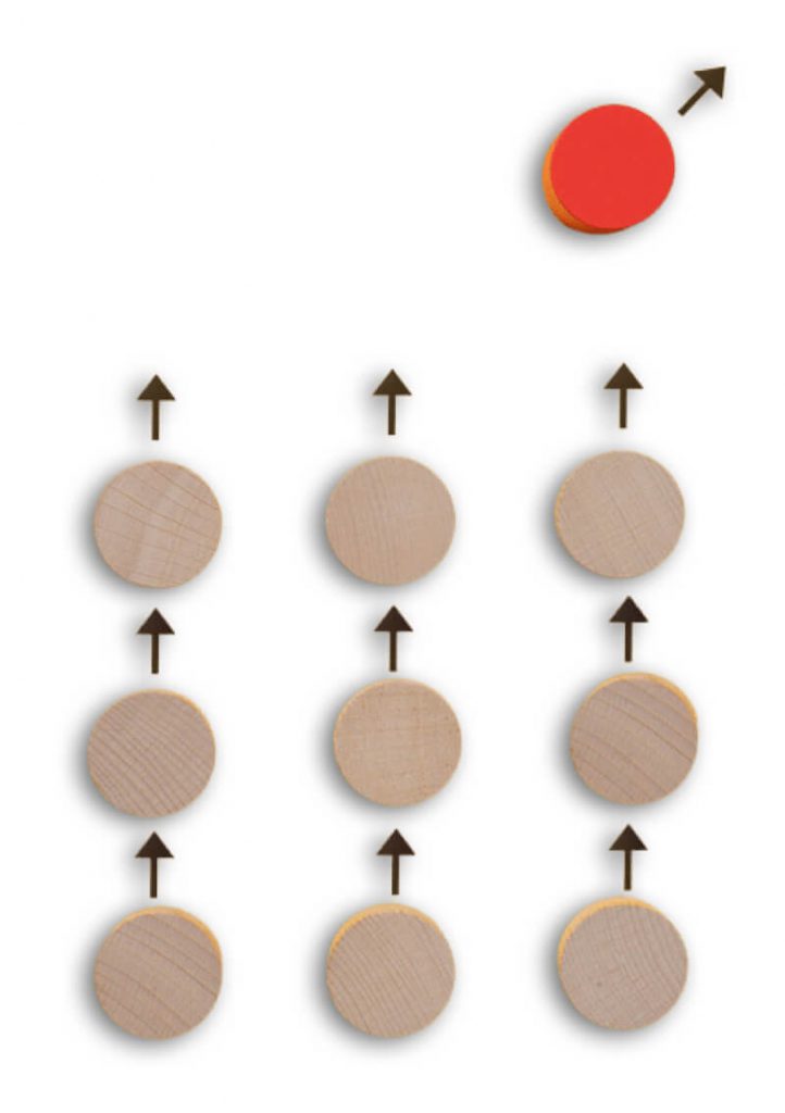9 plain pucks with arrows pointing up towards one orange puck above with an arrow pointing in a different direction.